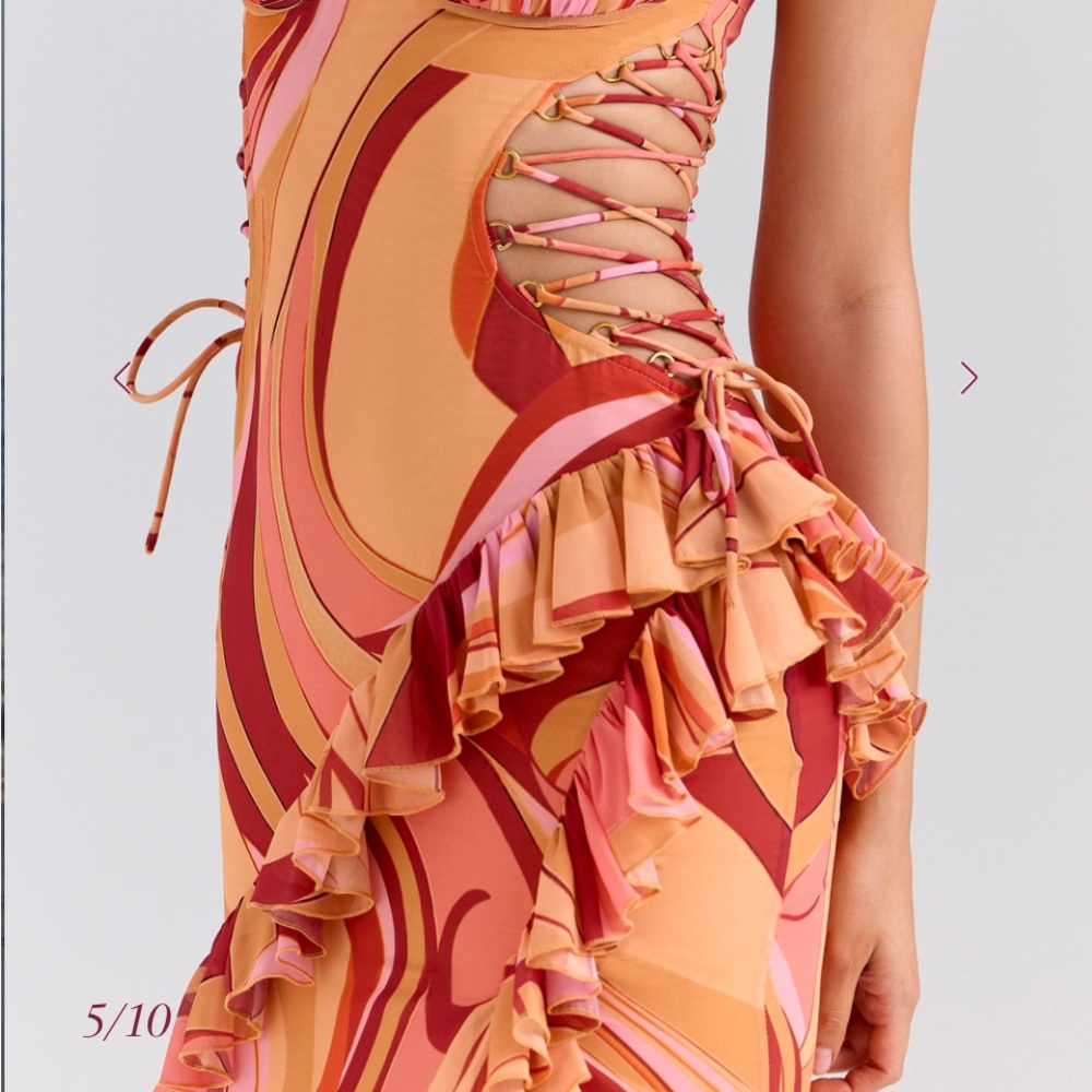 House of CB Lumira sunset swirl cut out Asymmetrical Dress in Pink and Orange